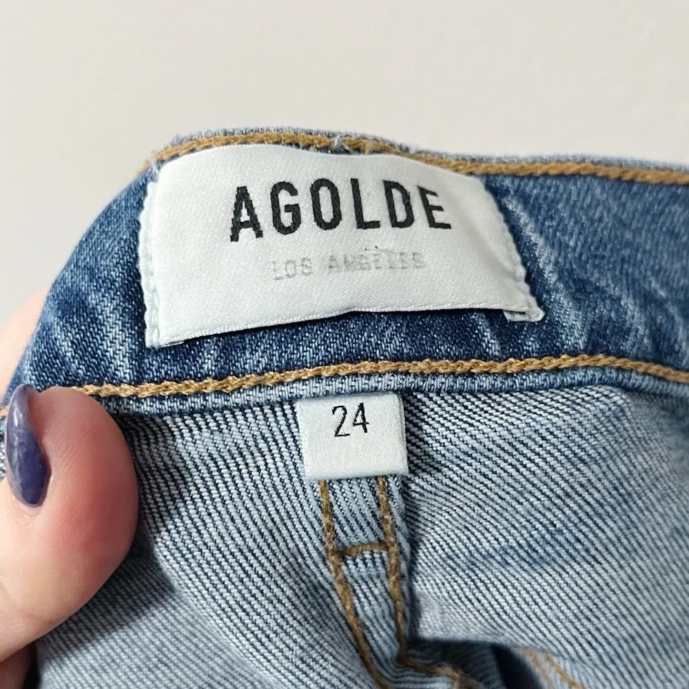 Agolde Toni Mid Rise Straight Jeans Medium Blue Size 24 Distressed